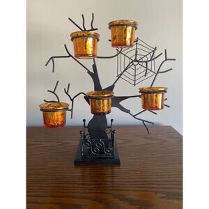 Black Metal Tea Light Halloween Tree with Glass Votives Decoration